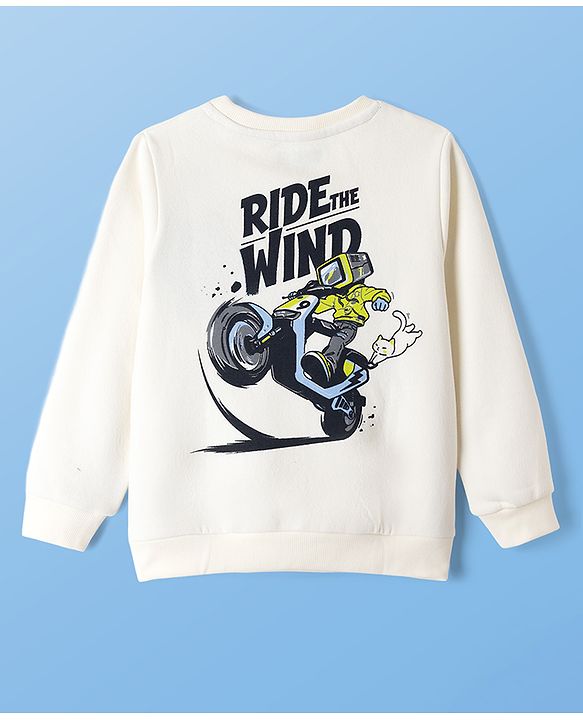 Pine Kids Cotton Mix Knit Sweatshirt with Full Sleeves and Ride The Wind Front and Back Print in Offwhite