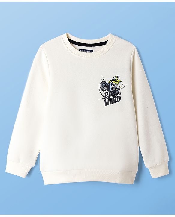 Pine Kids Cotton Mix Knit Sweatshirt with Full Sleeves and Ride The Wind Front and Back Print in Offwhite