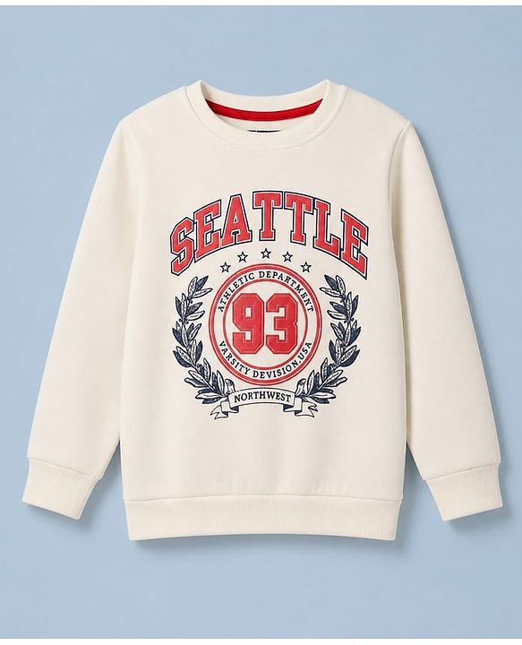 Pine Kids Cotton Mix Knit Sweatshirt with Full Sleeves and Seattle Athletic Department Print in Offwhite
