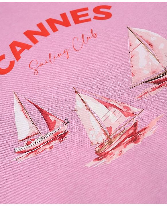 Pine Kids Cotton Mix Knit Sweatshirt with Full Sleeves and Sailboats Print in Pink