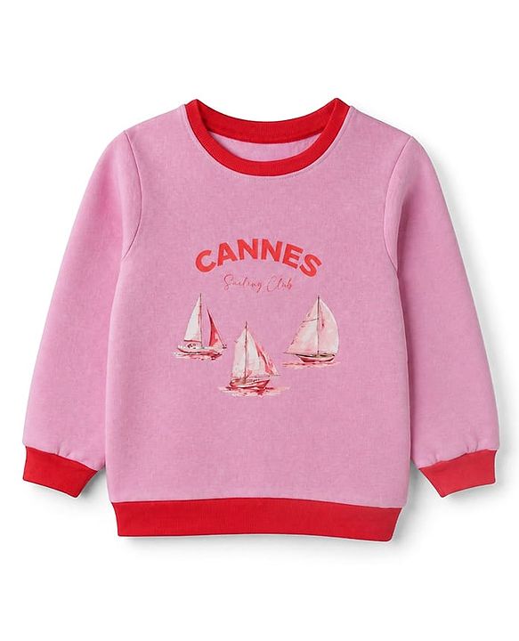 Pine Kids Cotton Mix Knit Sweatshirt with Full Sleeves and Sailboats Print in Pink