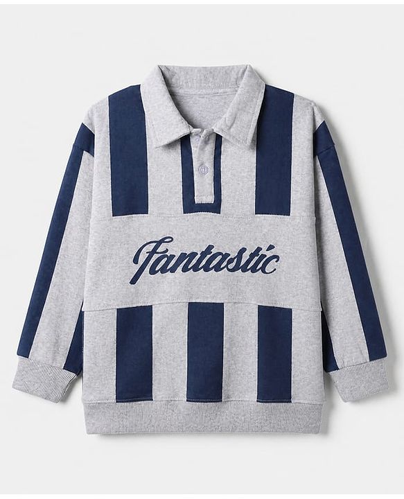 Pine Kids Cotton Mix Knit Sweatshirt with Full, Drop Shoulder Sleeves, Fantastic Print and Striped Print in Grey