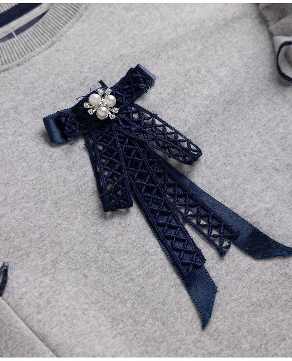 Pine Kids Cotton Mix Knit Sweatshirt with Full Sleeves and Bow Applique in Grey