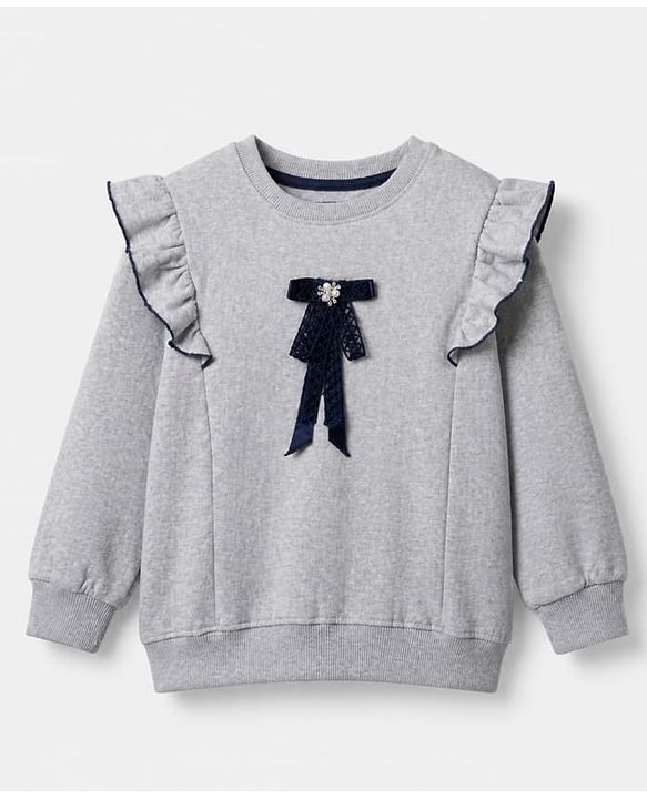 Pine Kids Cotton Mix Knit Sweatshirt with Full Sleeves and Bow Applique in Grey