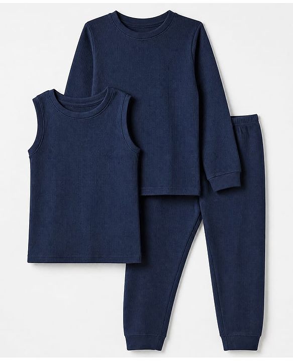 Pine Kids Cotton Blend Knit Full Sleeves Solid Colour Thermal Wear Set with Vest - Navy Blue