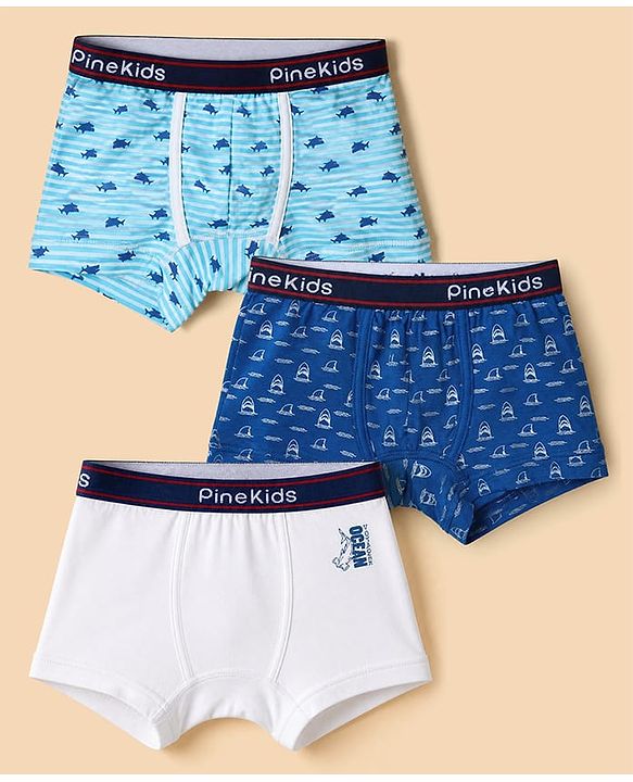 Pine Kids Cotton Elastane Knit Trunks With Sea life Print Pack of 3 - Blue & White