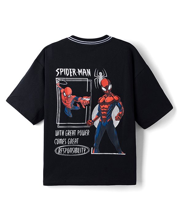 Pine Kids Marvel 100% Cotton Single Jersey Knit T-Shirt with Half Drop Shoulder Sleeves and Front & Back Spider Man Print - Black