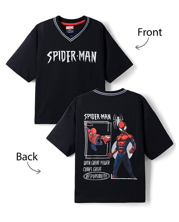 Pine Kids Marvel 100% Cotton Single Jersey Knit T-Shirt with Half Drop Shoulder Sleeves and Front & Back Spider Man Print - Black