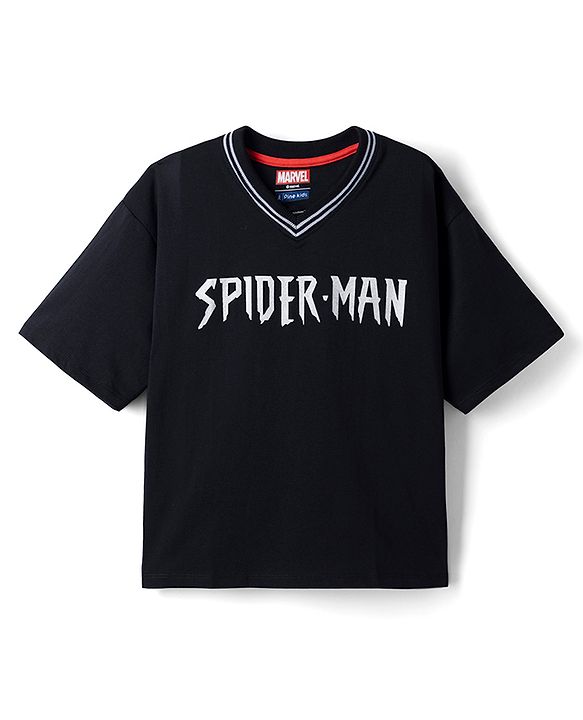 Pine Kids Marvel 100% Cotton Single Jersey Knit T-Shirt with Half Drop Shoulder Sleeves and Front & Back Spider Man Print - Black