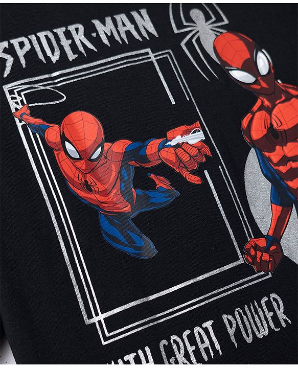 Pine Kids Marvel 100% Cotton Single Jersey Knit T-Shirt with Half Drop Shoulder Sleeves and Front & Back Spider Man Print - Black