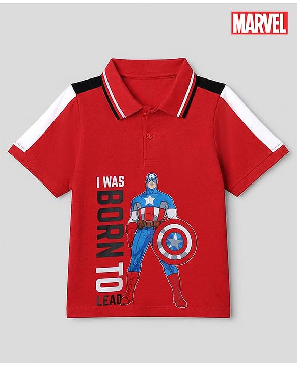 Pine Kids Marvel 100% Cotton Knit Polo T-Shirt with Half Sleeves and Captain America Print in Red for 4-5 Years