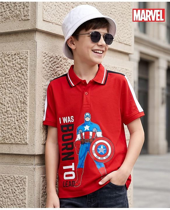Pine Kids Marvel 100% Cotton Knit Polo T-Shirt with Half Sleeves and Captain America Print in Red for 4-5 Years