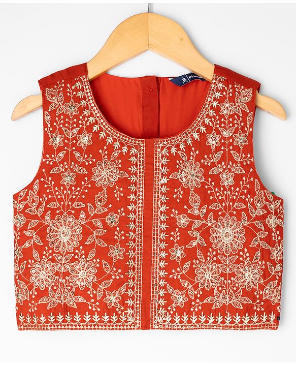 Pine Kids Woven Sleeveless Choli & Lehenga Set With Sequinned Embroidery & Dupatta - Rust Orange