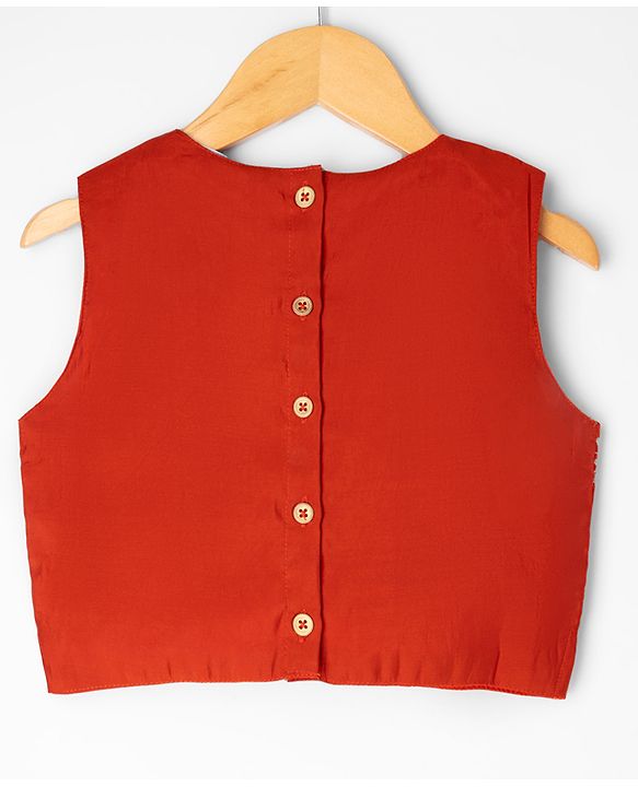 Pine Kids Woven Sleeveless Choli & Lehenga Set With Sequinned Embroidery & Dupatta - Rust Orange