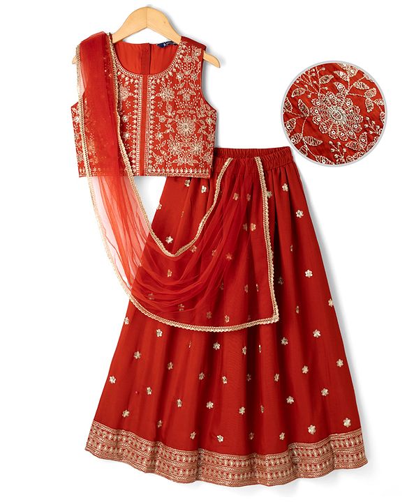 Pine Kids Woven Sleeveless Choli & Lehenga Set With Sequinned Embroidery & Dupatta - Rust Orange
