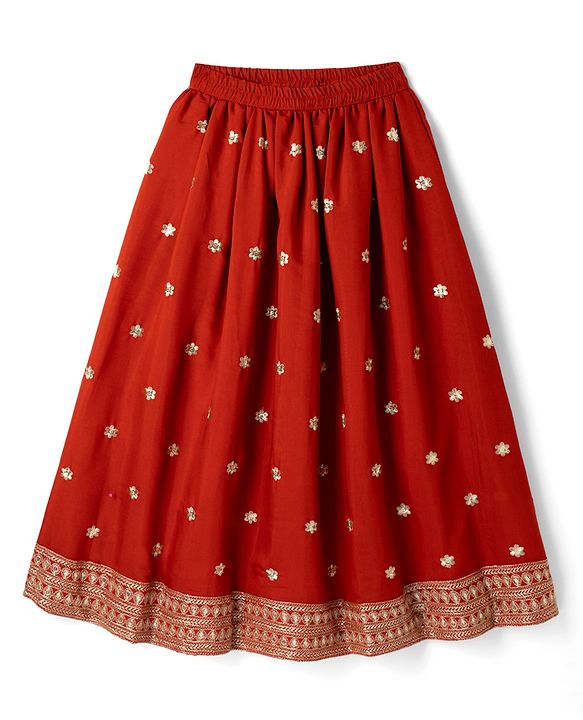 Pine Kids Woven Sleeveless Choli & Lehenga Set With Sequinned Embroidery & Dupatta - Rust Orange