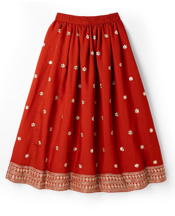 Pine Kids Woven Sleeveless Choli & Lehenga Set With Sequinned Embroidery & Dupatta - Rust Orange