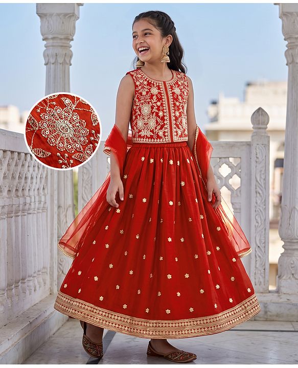 Pine Kids Woven Sleeveless Choli & Lehenga Set With Sequinned Embroidery & Dupatta - Rust Orange