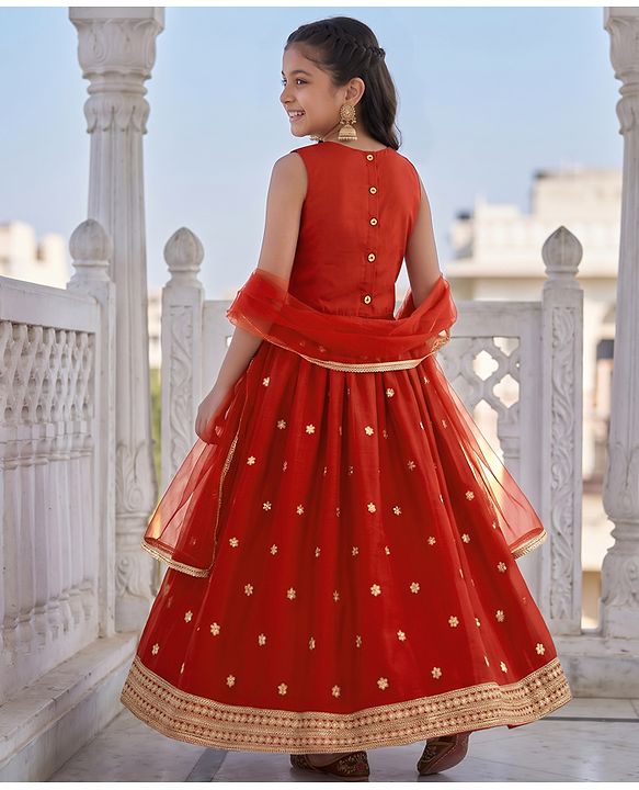 Pine Kids Woven Sleeveless Choli & Lehenga Set With Sequinned Embroidery & Dupatta - Rust Orange