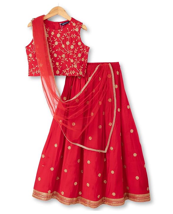 Pine Kids Woven Sleeveless Choli & Lehenga Set With Sequinned Embroidery & Dupatta - Red