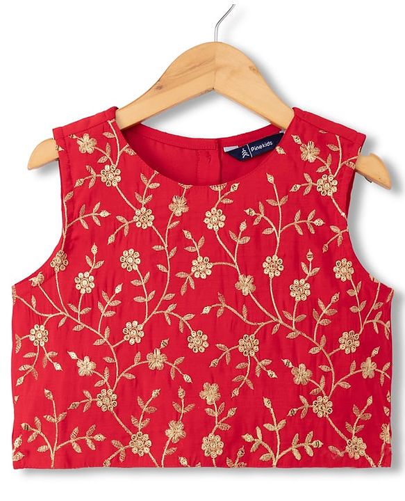 Pine Kids Woven Sleeveless Choli & Lehenga Set With Sequinned Embroidery & Dupatta - Red