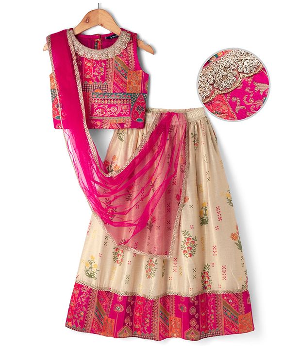 Pine Kids Woven Sleeveless Choli & Lehenga Set With Floral Print & Lace Work & Dupatta - Dark Pink