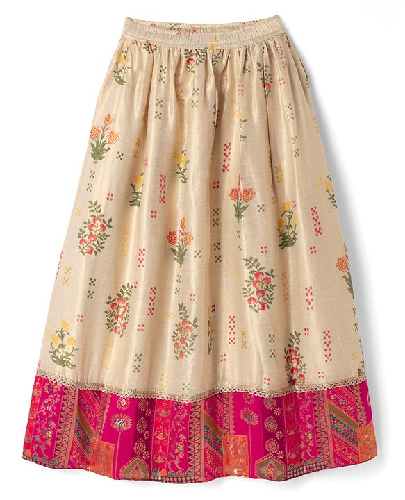 Pine Kids Woven Sleeveless Choli & Lehenga Set With Floral Print & Lace Work & Dupatta - Dark Pink