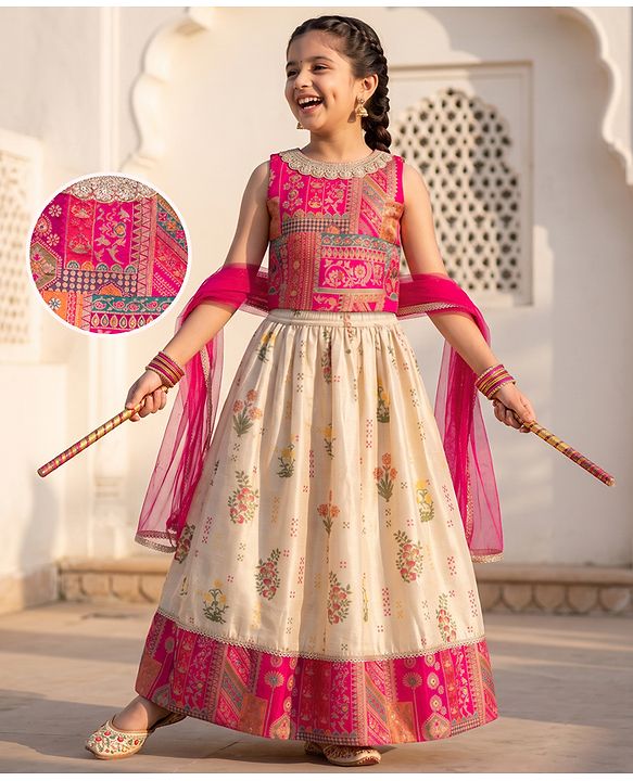 Pine Kids Woven Sleeveless Choli & Lehenga Set With Floral Print & Lace Work & Dupatta - Dark Pink