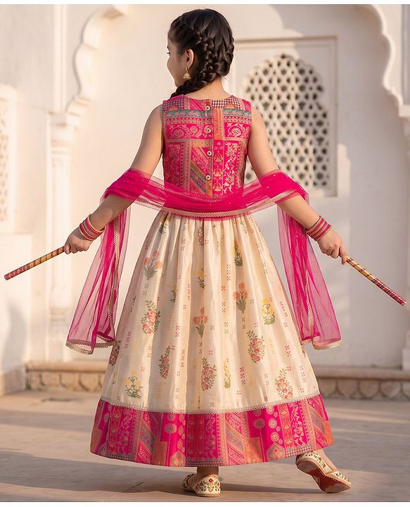 Pine Kids Woven Sleeveless Choli & Lehenga Set With Floral Print & Lace Work & Dupatta - Dark Pink