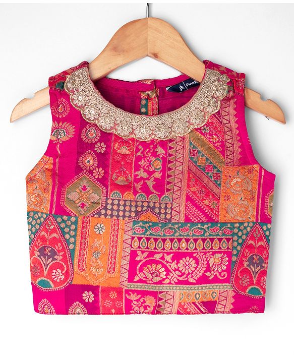 Pine Kids Woven Sleeveless Choli & Lehenga Set With Floral Print & Lace Work & Dupatta - Dark Pink