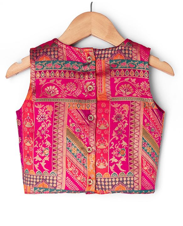 Pine Kids Woven Sleeveless Choli & Lehenga Set With Floral Print & Lace Work & Dupatta - Dark Pink