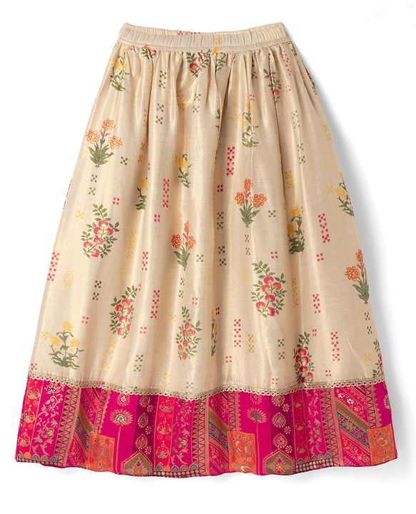 Pine Kids Woven Sleeveless Choli & Lehenga Set With Floral Print & Lace Work & Dupatta - Dark Pink