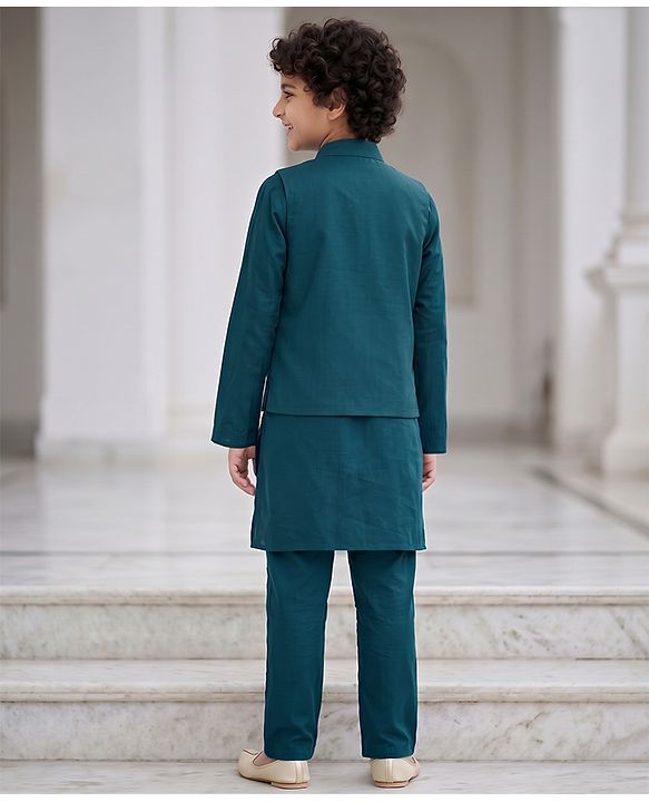 Pine Kids Woven Full Sleeves Kurta Pyjama Set and Waistcoat with Full Length and Floral Embroidery in Teal Blue for 4-5 Years