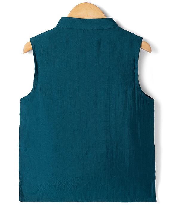 Pine Kids Woven Full Sleeves Kurta Pyjama Set and Waistcoat with Full Length and Floral Embroidery in Teal Blue for 4-5 Years