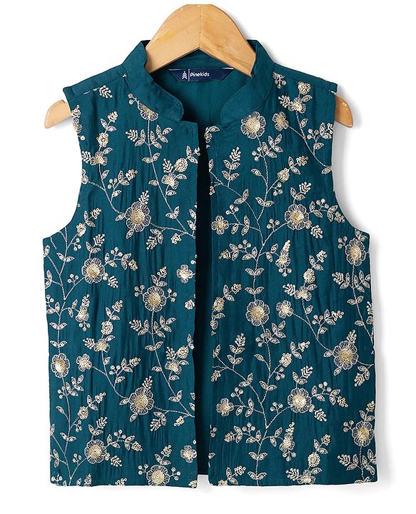 Pine Kids Woven Full Sleeves Kurta Pyjama Set and Waistcoat with Full Length and Floral Embroidery in Teal Blue for 4-5 Years