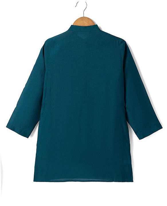 Pine Kids Woven Full Sleeves Kurta Pyjama Set and Waistcoat with Full Length and Floral Embroidery in Teal Blue for 4-5 Years