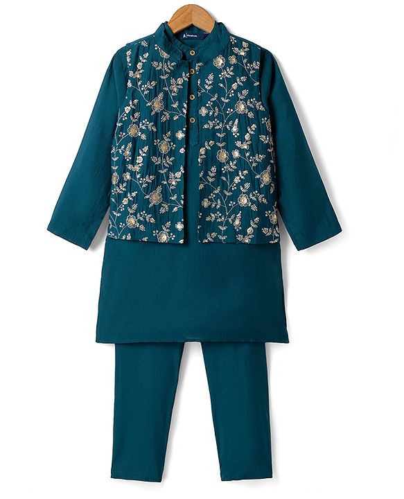 Pine Kids Woven Full Sleeves Kurta Pyjama Set and Waistcoat with Full Length and Floral Embroidery in Teal Blue for 4-5 Years