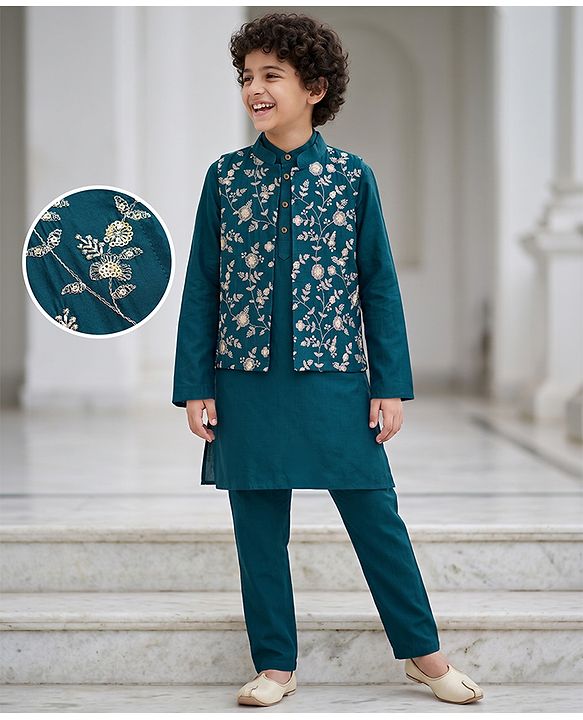 Pine Kids Woven Full Sleeves Kurta Pyjama Set and Waistcoat with Full Length and Floral Embroidery in Teal Blue for 4-5 Years