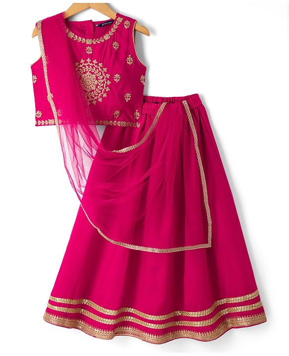 Pine Kids Woven Full Length Lehenga Choli with Dupatta and Mandala Embroidery in Dark Pink