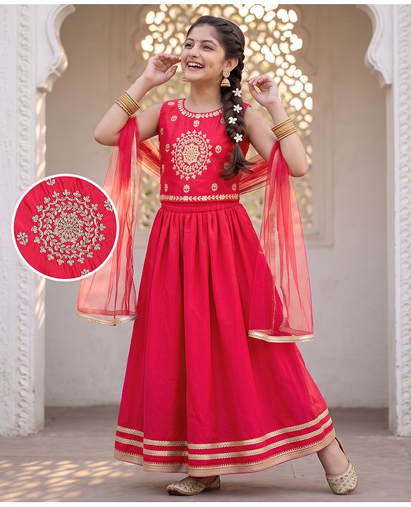 Pine Kids Woven Full Length Lehenga Choli with Dupatta and Mandala Embroidery in Dark Pink