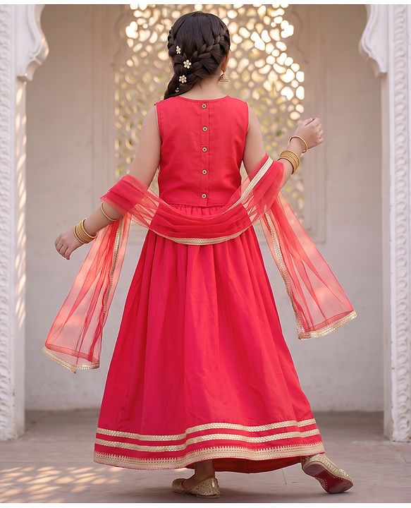 Pine Kids Woven Full Length Lehenga Choli with Dupatta and Mandala Embroidery in Dark Pink