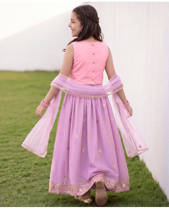 Pine Kids Woven Sleeveless Choli & Lehenga Set With Dupatta & Sequin Embroidered - Pink & Lavender