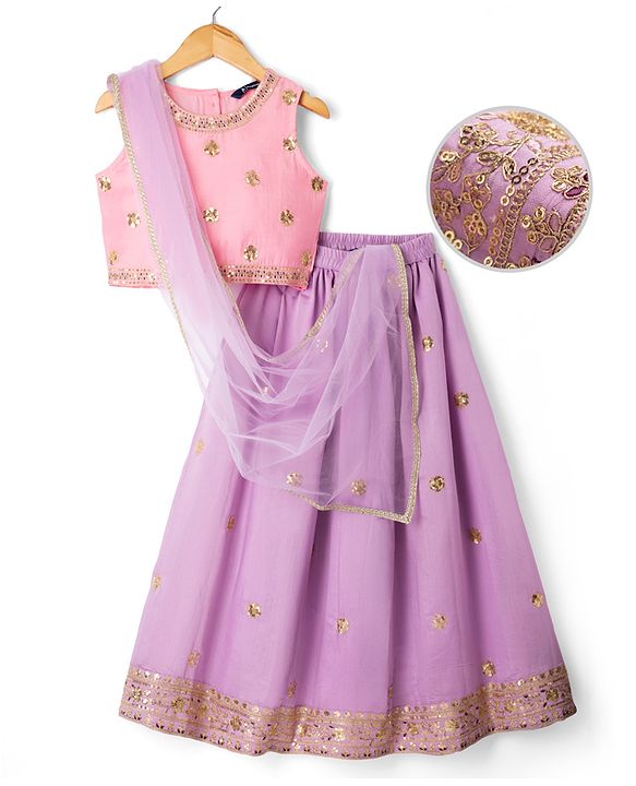 Pine Kids Woven Sleeveless Choli & Lehenga Set With Dupatta & Sequin Embroidered - Pink & Lavender