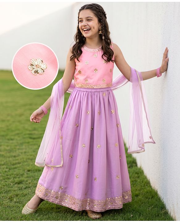 Pine Kids Woven Sleeveless Choli & Lehenga Set With Dupatta & Sequin Embroidered - Pink & Lavender
