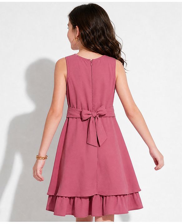 Pine Kids Woven Fit & Flare Layered Solid Sleeveless Party Dress with Knot Belt Applique - Dark Peach