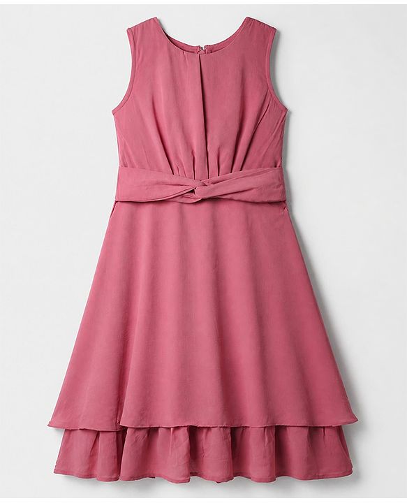 Pine Kids Woven Fit & Flare Layered Solid Sleeveless Party Dress with Knot Belt Applique - Dark Peach