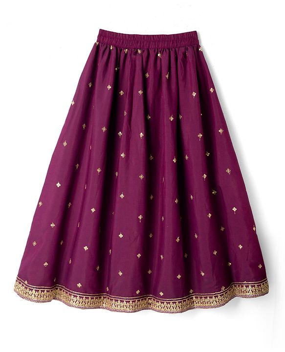 Pine Kids Woven Sleeveless Choli & Lehenga Set With Sequinned Embroidery & Dupatta - Wine