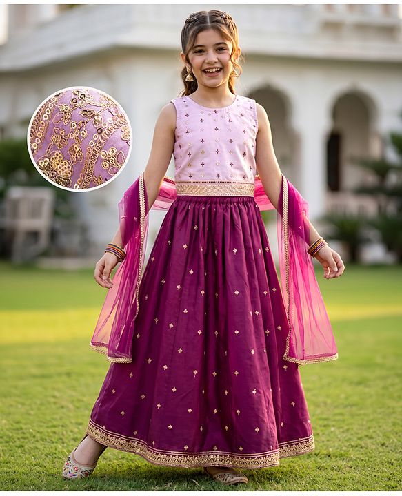 Pine Kids Woven Sleeveless Choli & Lehenga Set With Sequinned Embroidery & Dupatta - Wine