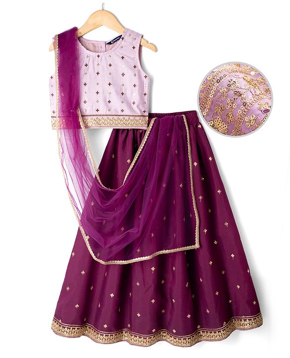 Pine Kids Woven Sleeveless Choli & Lehenga Set With Sequinned Embroidery & Dupatta - Wine