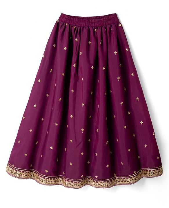 Pine Kids Woven Sleeveless Choli & Lehenga Set With Sequinned Embroidery & Dupatta - Wine